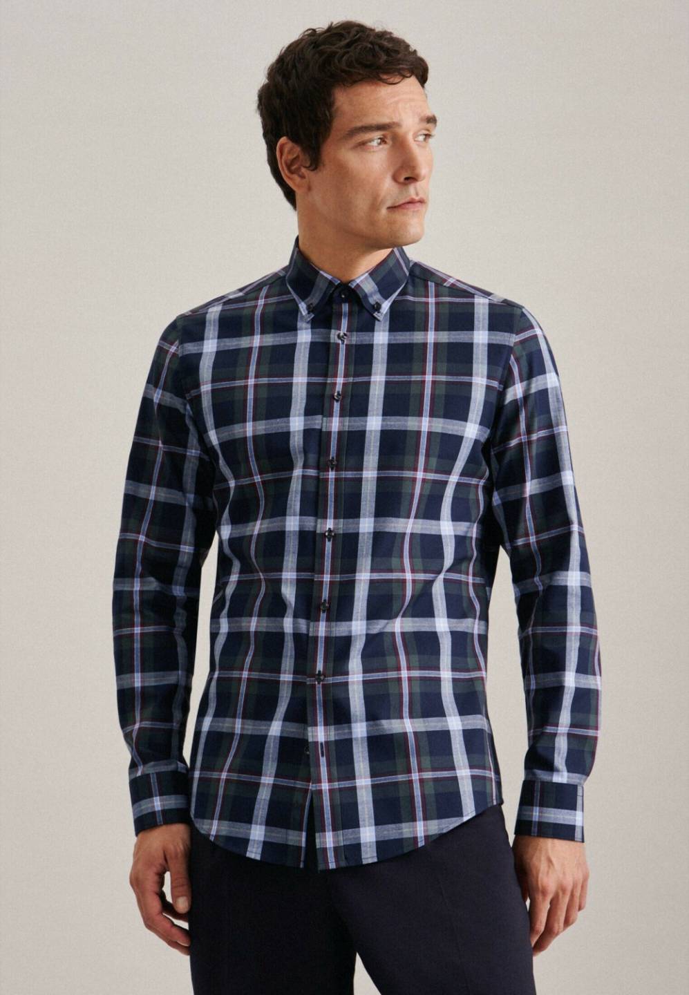 Hemden Seidensticker Twill Flanellhemd in X-Slim mit Button-Down-Kragen Karo (01.942570-0077) grün