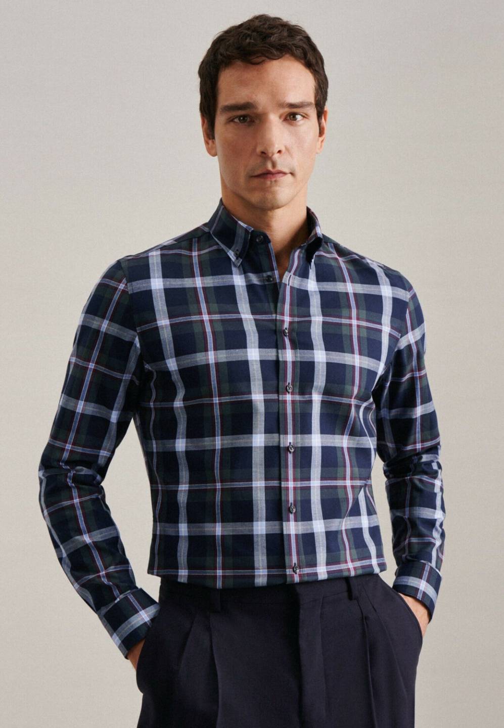 Hemden Seidensticker Twill Flanellhemd in Slim mit Button-Down-Kragen Karo (01.642570)(01.642570-0077) grün